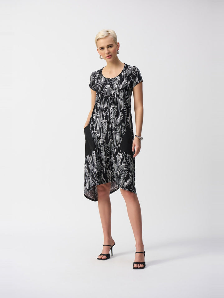 Joseph Ribkoff Silky Knit Print Cocoon Dress in Black and Vanilla, front view on model