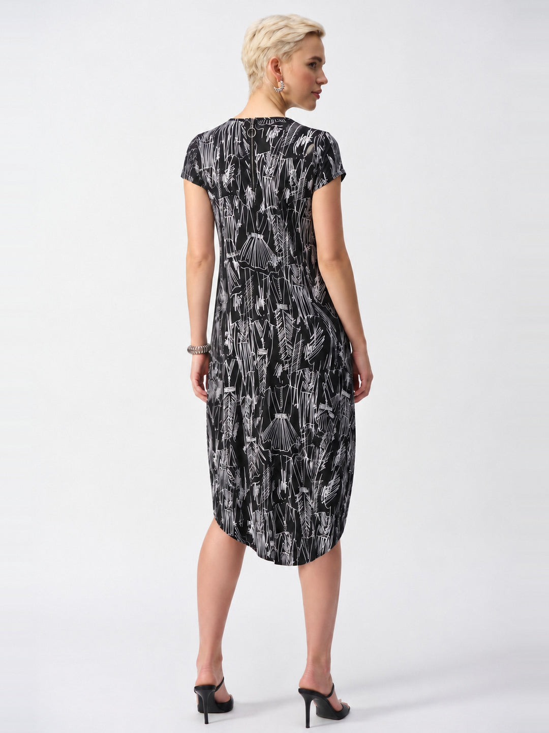 Joseph Ribkoff Silky Knit Print Cocoon Dress in Black and Vanilla, back view on model
