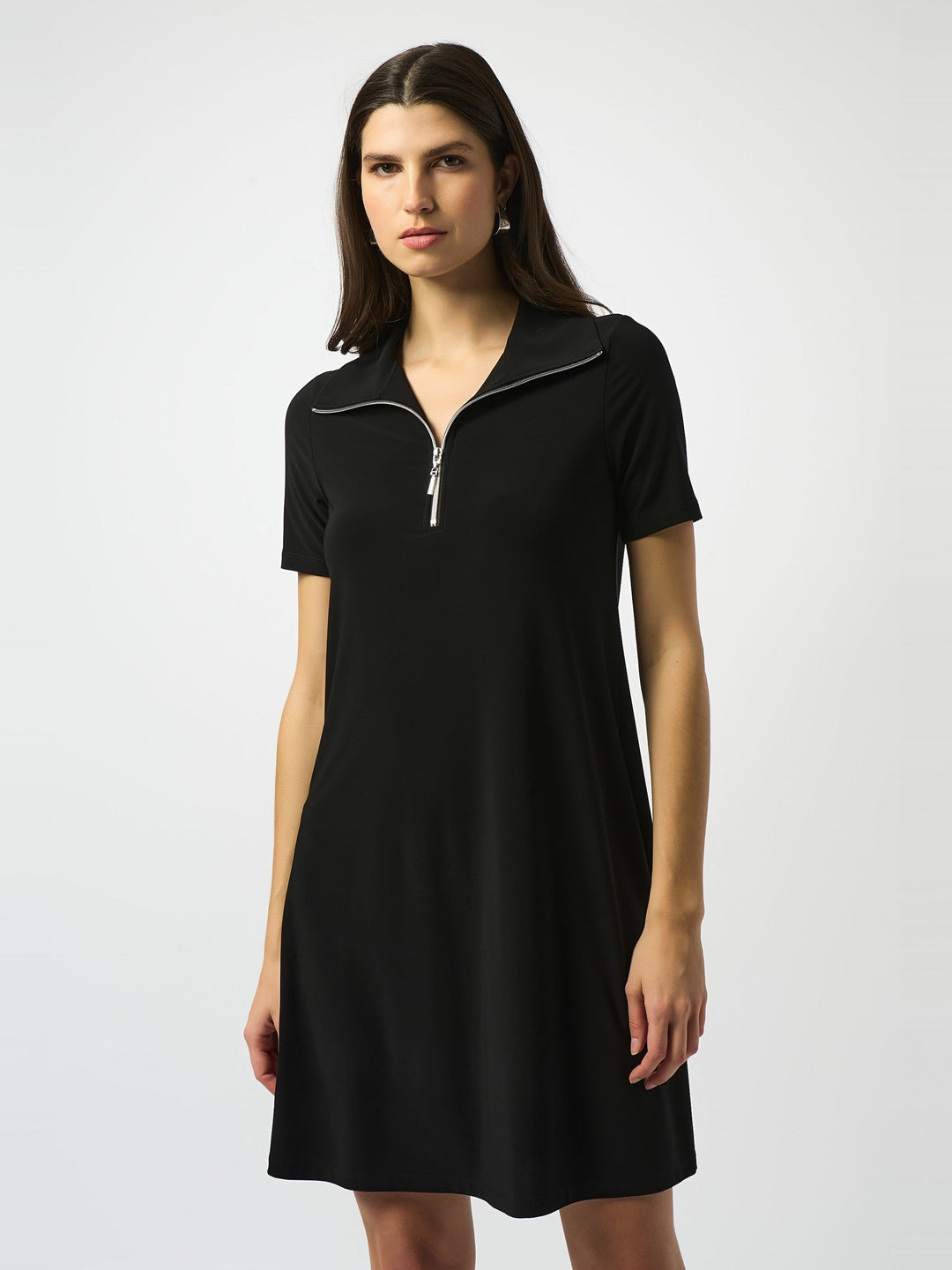 Joseph Ribkoff Silky Knit Zipped Collar Trapeze Dress in Black, front view on model