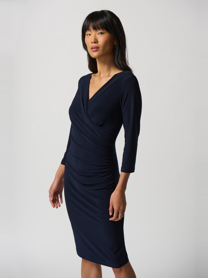 Joseph Ribkoff Three Quarter Sleeve Wrap Dress in Midnight Blue, front view on model