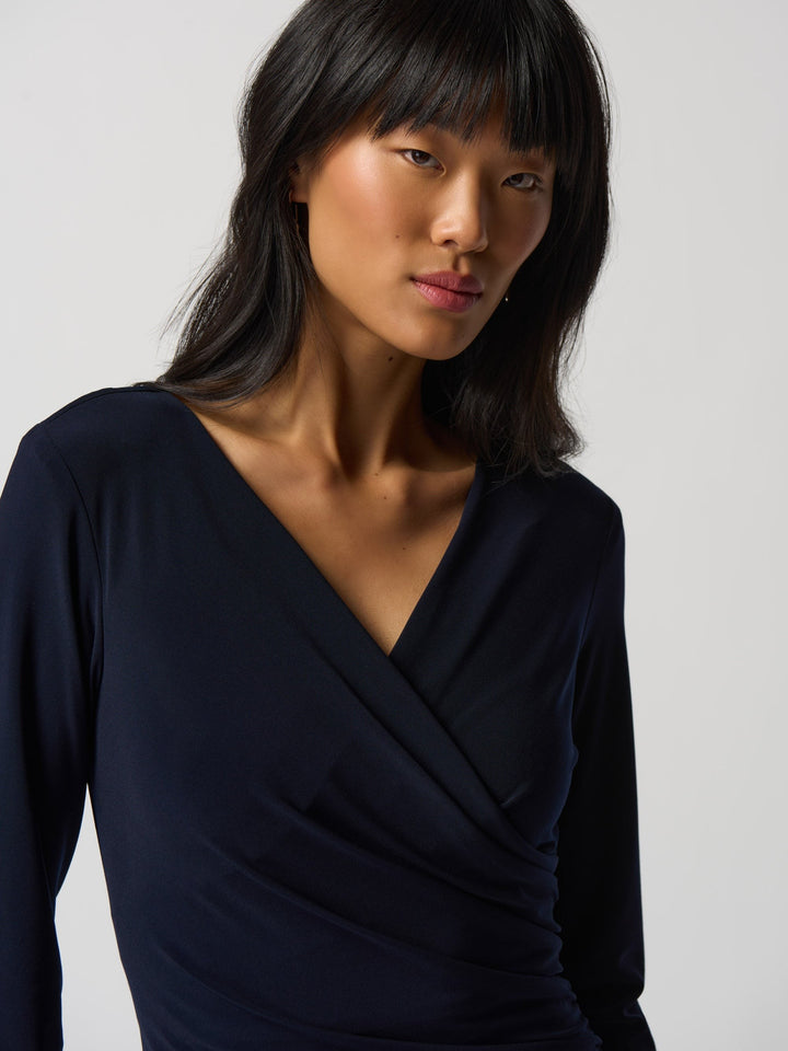 Joseph Ribkoff Three Quarter Sleeve Wrap Dress in Midnight Blue, close up of the fabric