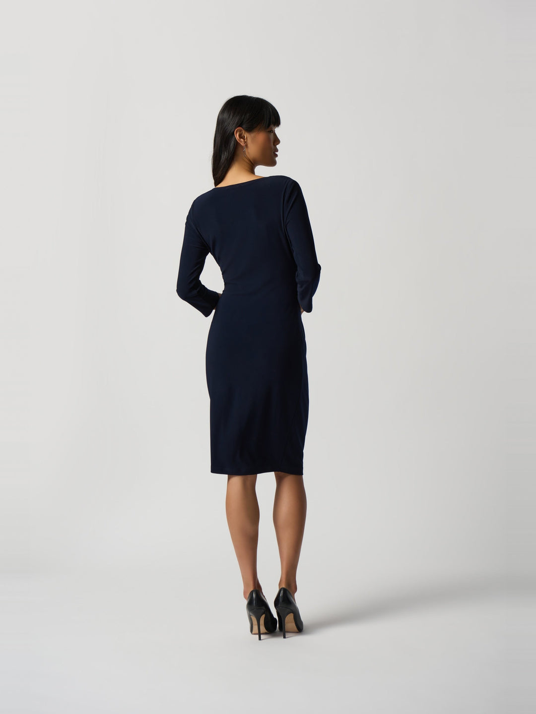 Joseph Ribkoff Three Quarter Sleeve Wrap Dress in Midnight Blue, back view on model