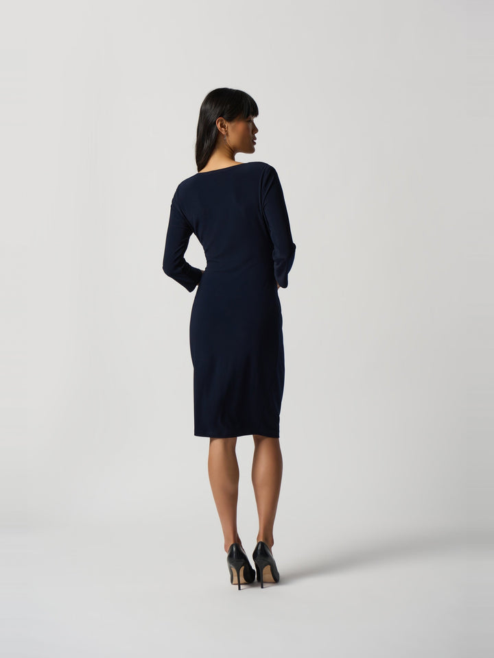 Joseph Ribkoff Three Quarter Sleeve Wrap Dress in Midnight Blue, back view on model