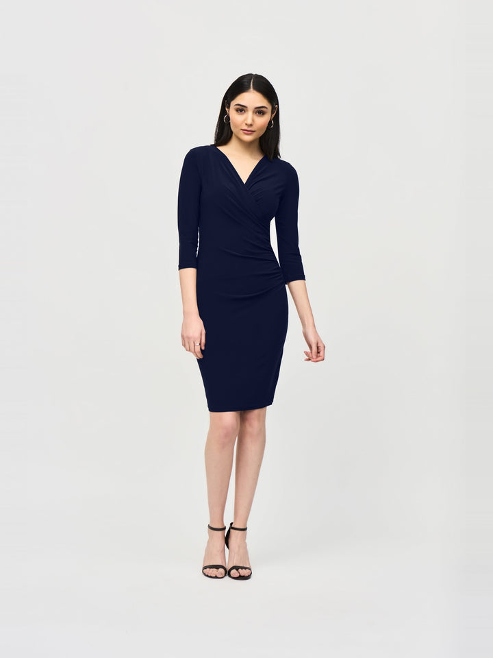 Joseph Ribkoff Three Quarter Sleeve Wrap Dress in Midnight Blue, front view on model