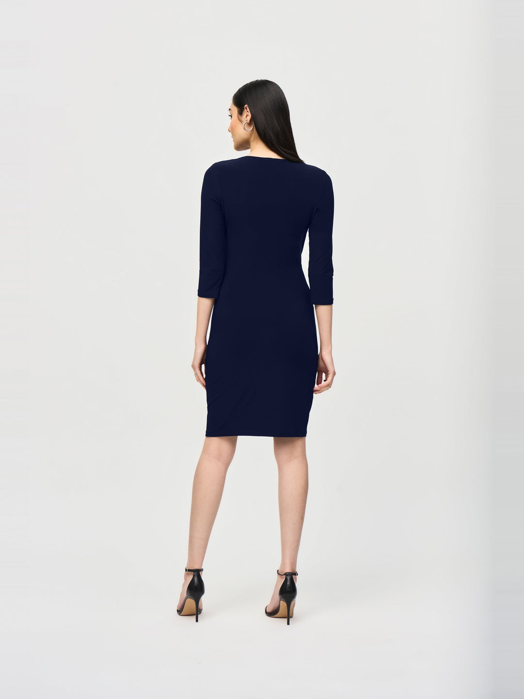 Joseph Ribkoff Three Quarter Sleeve Wrap Dress in Midnight Blue, back view on model