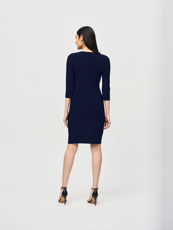 Joseph Ribkoff Three Quarter Sleeve Wrap Dress in Midnight Blue, back view on model