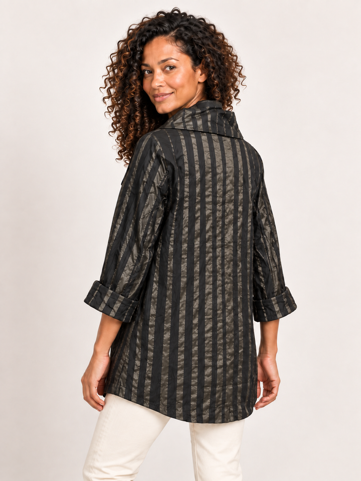 Back view, Kozan Ashton Jacket in Cedar, bronze stripe crush fabric