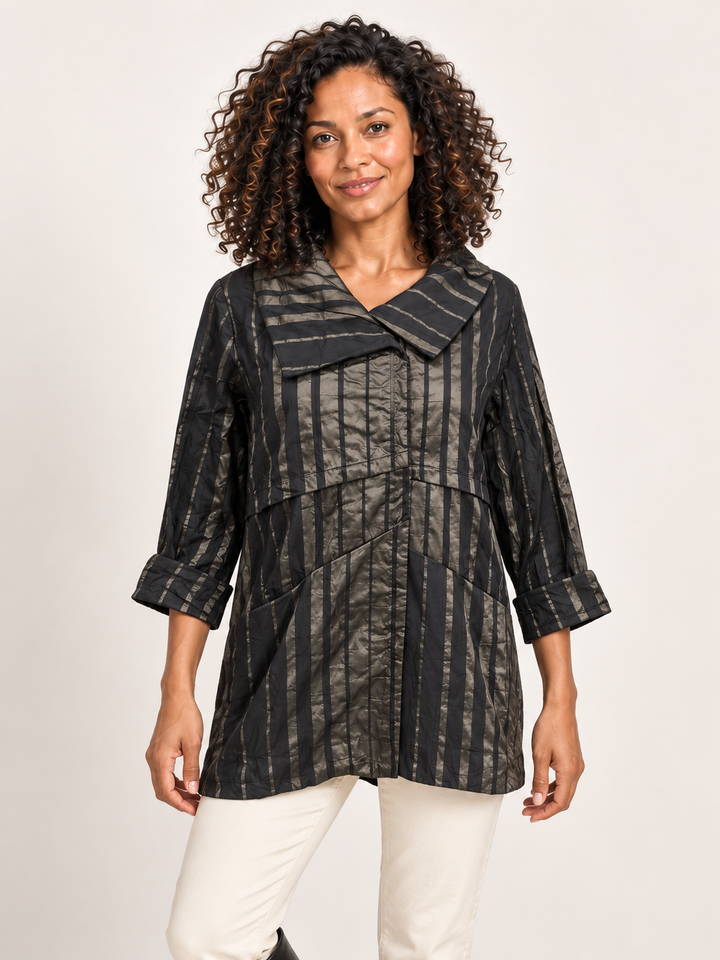 Kozan Ashton Jacket in Cedar, black crush jacket with bronze stripes and asymmetric collar, front view on model