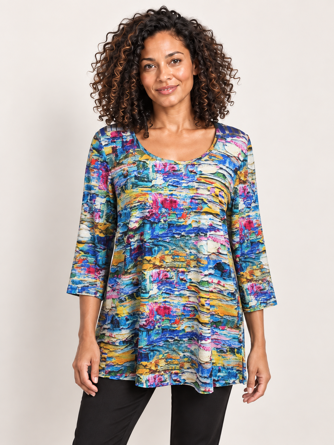 Kozan Janelle Tunic in Monet, painterly print stretch jersey tunic with scoop neck, front view on model