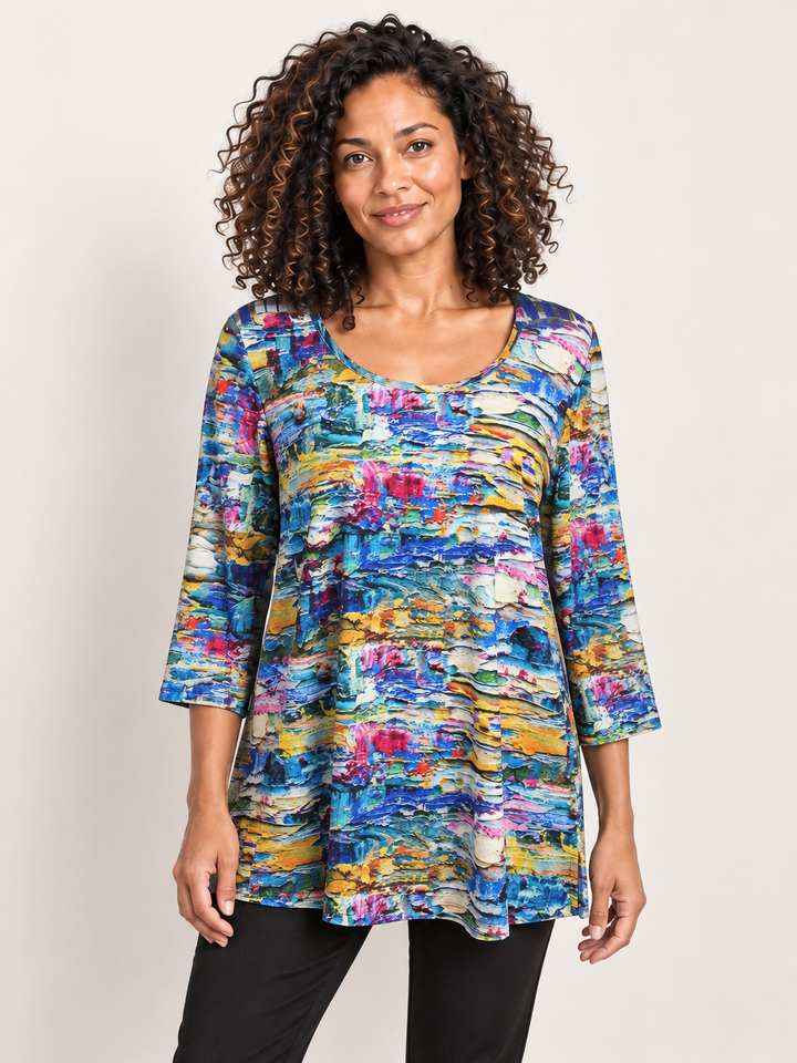 Kozan Janelle Tunic in Monet, painterly print stretch jersey tunic with scoop neck, front view on model