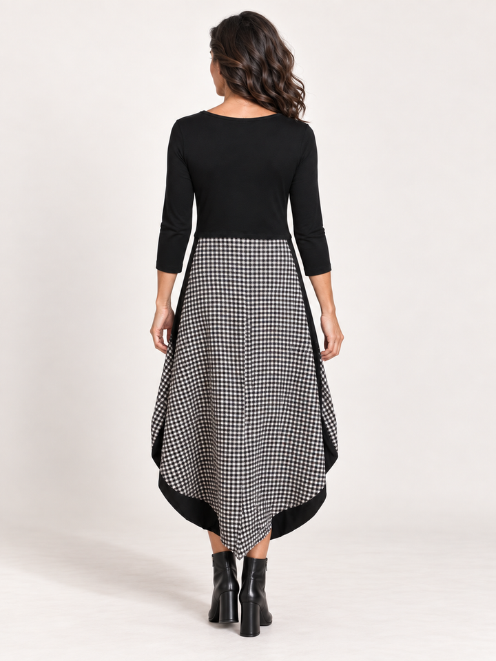 Back view, Kozan Jessica Dress in Check, check skirt and bubble hem