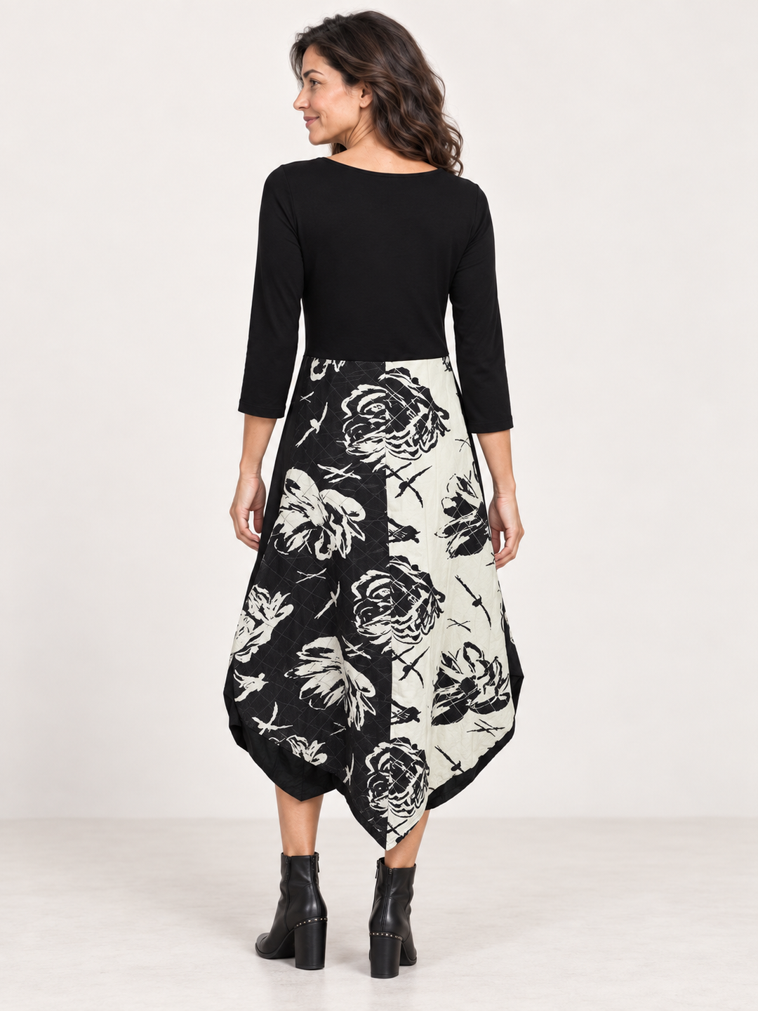 Back view, Kozan Jessica Dress in Eden, black bodice and rose print skirt