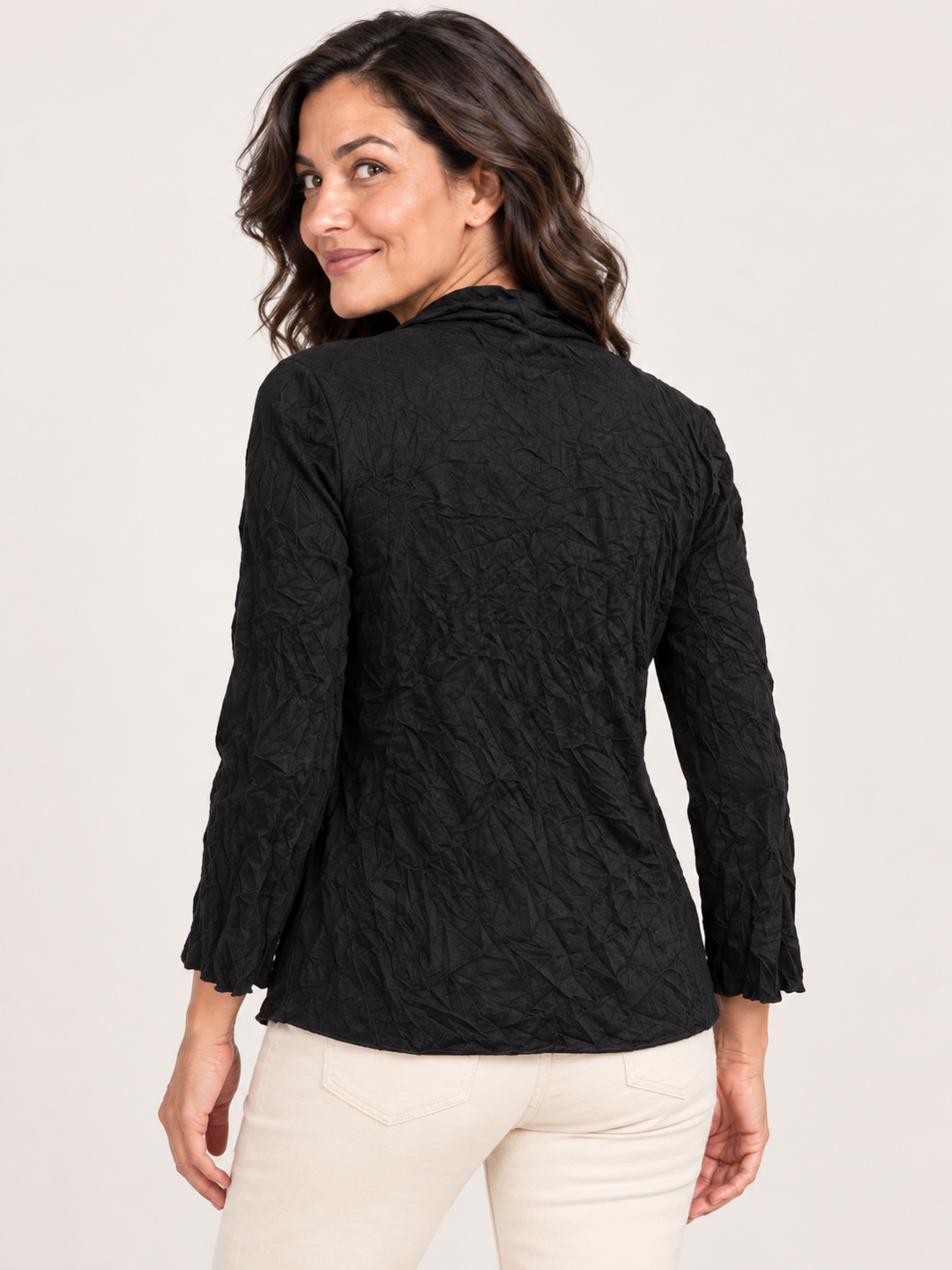 Back view, Kozan Melanie Jacket in Black Crinkle, crinkle cardigan