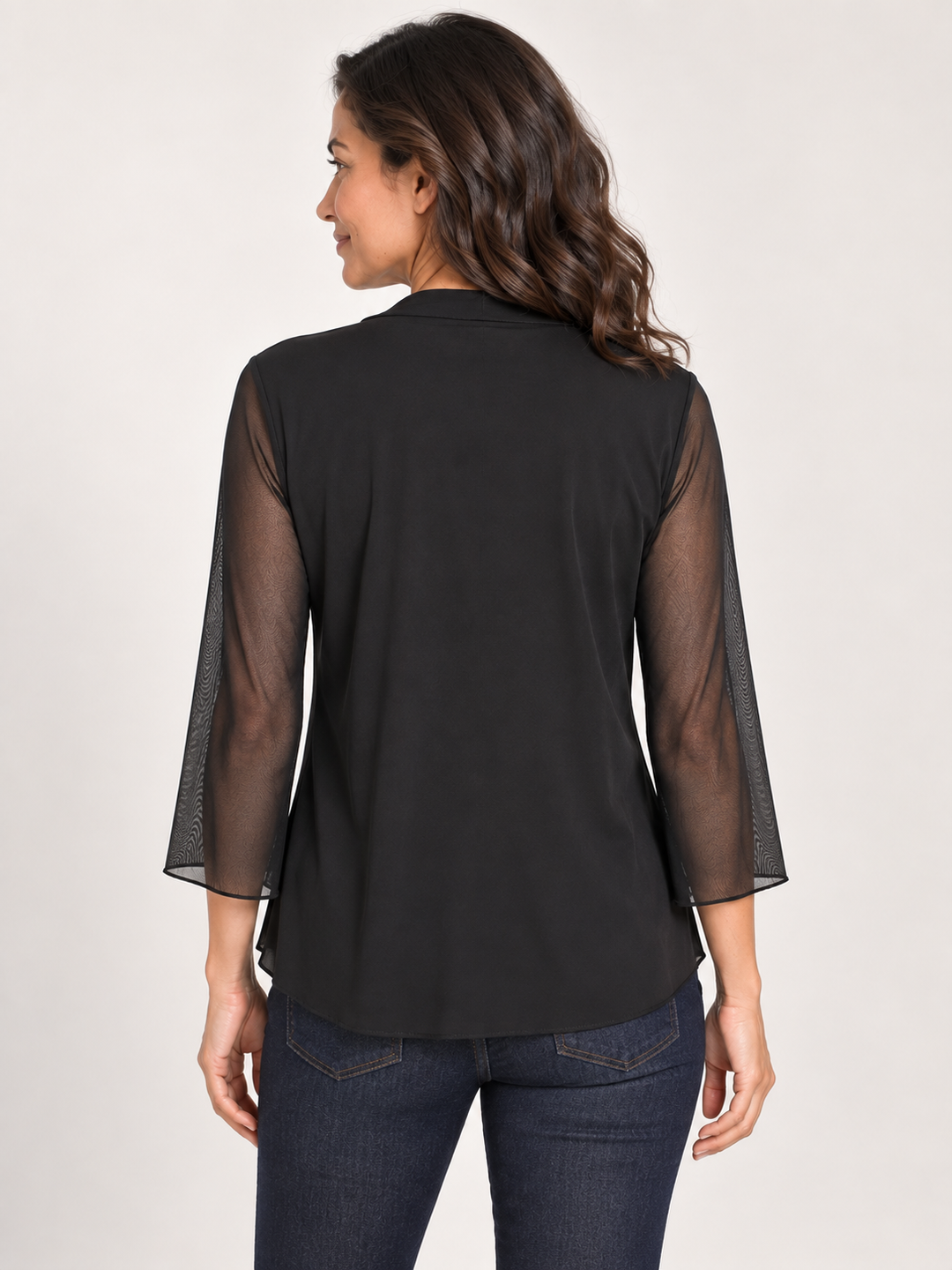Back view, Kozan Melanie Jacket in Black Mesh, sheer sleeves
