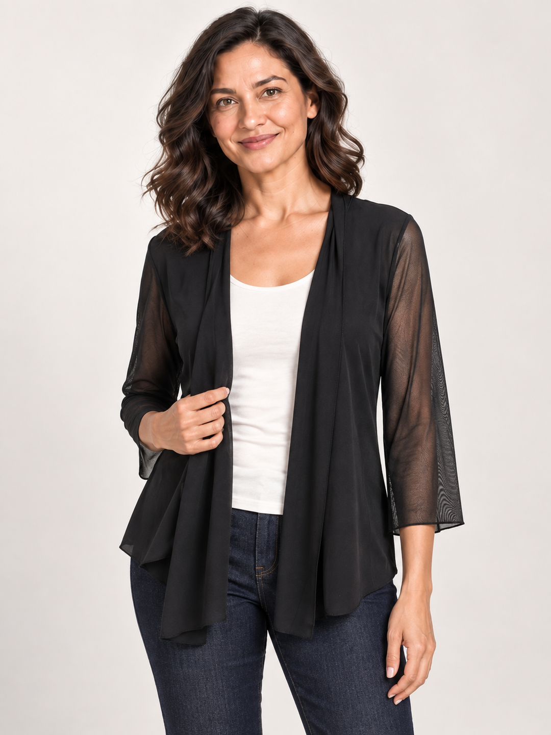 Kozan Melanie Jacket in Black Mesh, drape front cover up with sheer sleeves, front view on model