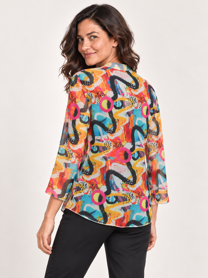 Back view, Kozan Melanie Jacket in Matisse, vivid watercolor print