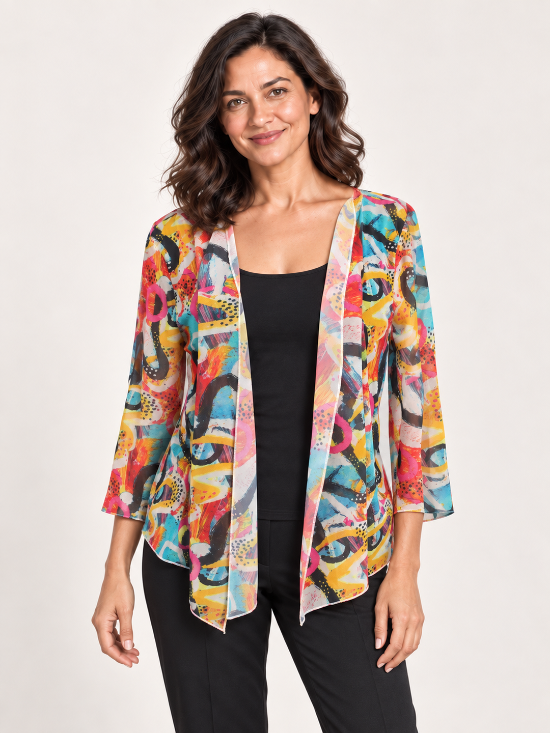 Kozan Melanie Jacket in Matisse, drape front cover up in vivid watercolor print, front view on model