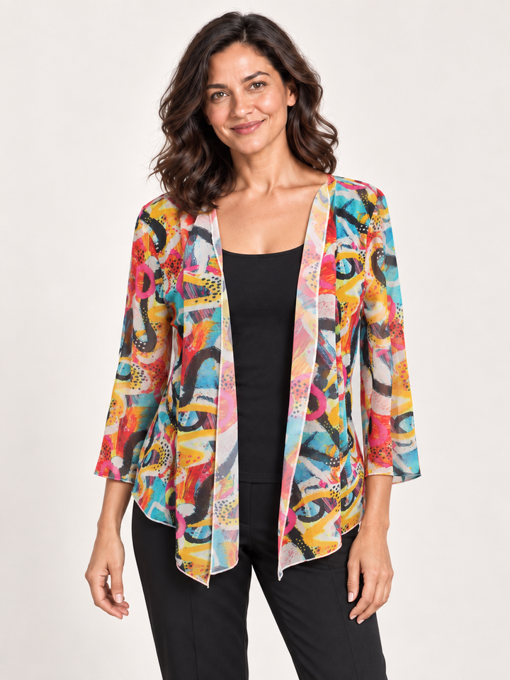 Kozan Melanie Jacket in Matisse, drape front cover up in vivid watercolor print, front view on model
