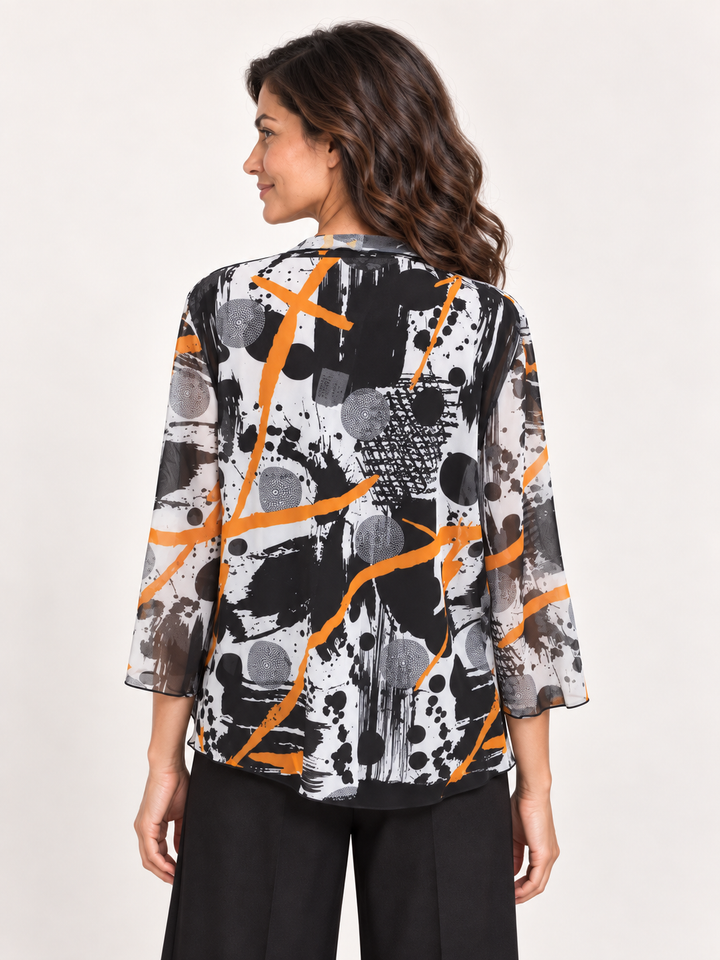 Back view, Kozan Melanie Jacket in Negroni, abstract print