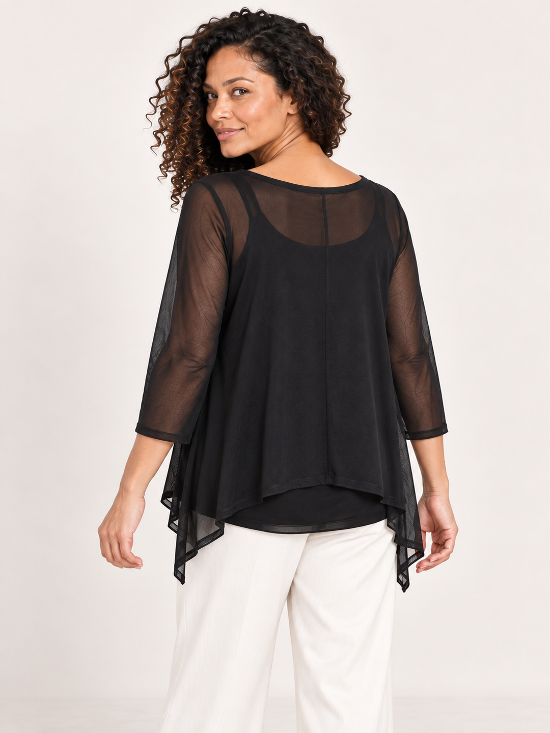 Back view, Kozan Mila Topper in Black, sheer solid black mesh