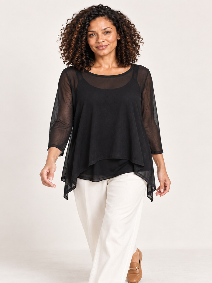 Kozan Mila Topper in Black, sheer solid black mesh, wide round neck, A line hem