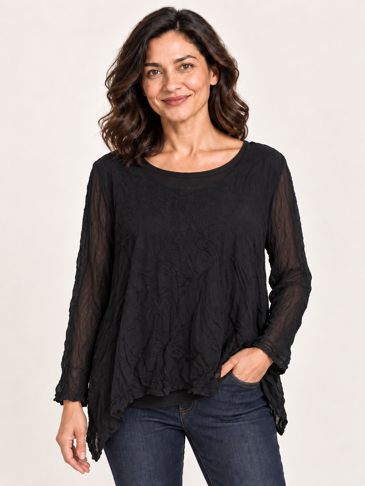 Kozan Mila Topper in Black Crush, crinkled solid black with sheer mesh sleeves, wide round neck, A line hem