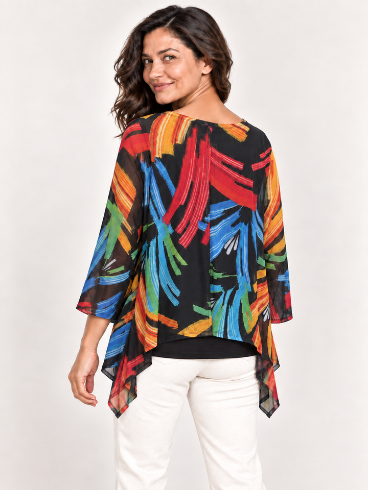 Back view, Kozan Mila Topper in Blaze, black mesh with blue, red and green brushstroke leaves