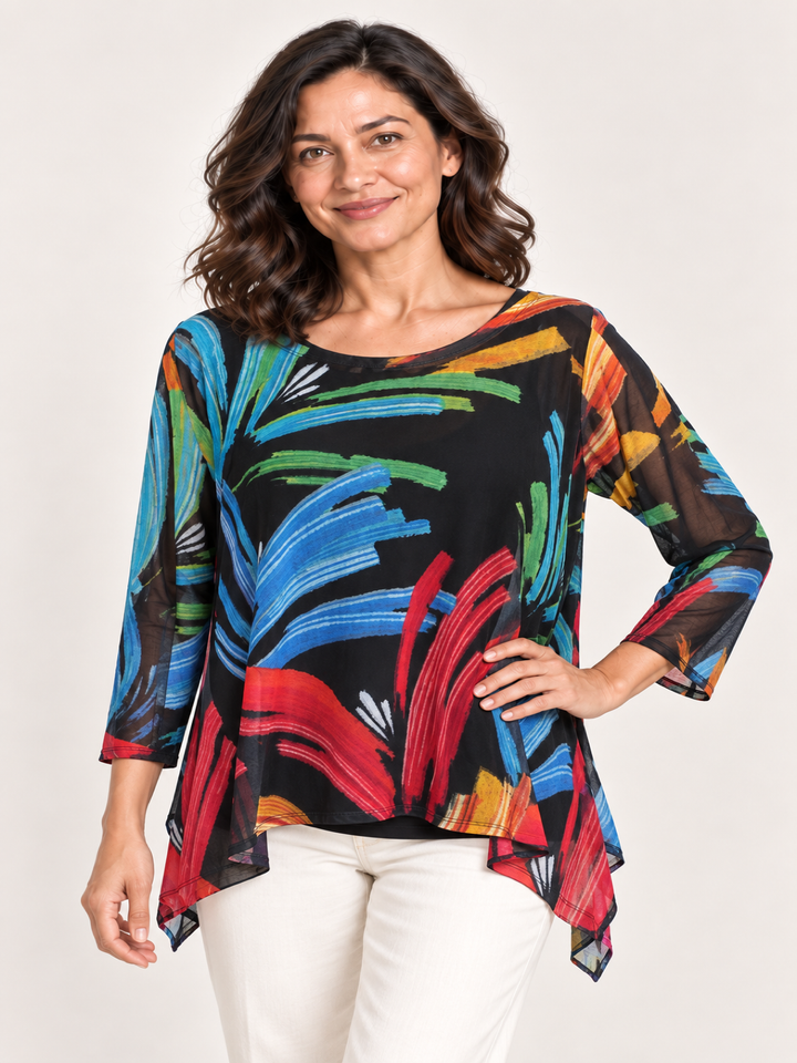 Kozan Mila Topper in Blaze, black mesh with blue, red and green brushstroke leaves, wide round neck, A line hem