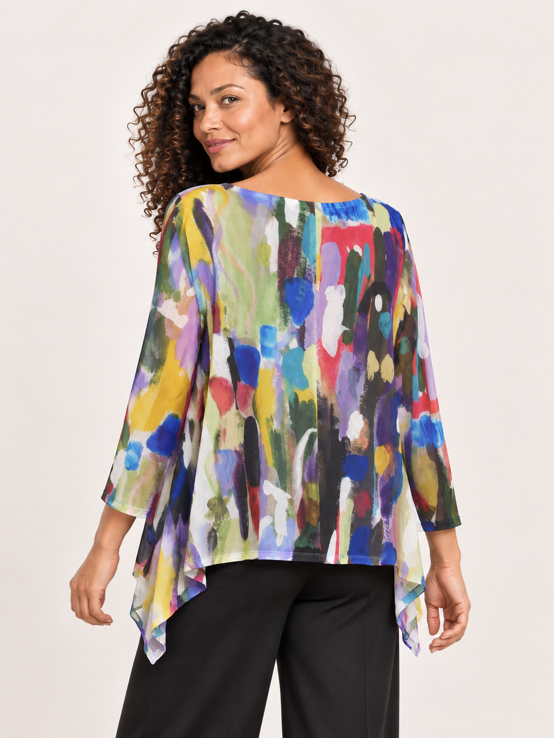 Back view, Kozan Mila Topper in Bora, yellow, cobalt and violet painterly print mesh