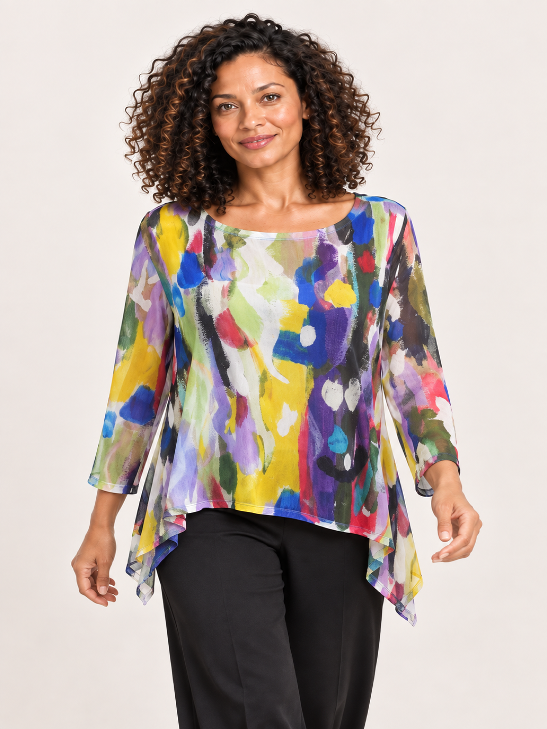 Kozan Mila Topper in Bora, yellow, cobalt and violet painterly print mesh, wide round neck, A line hem