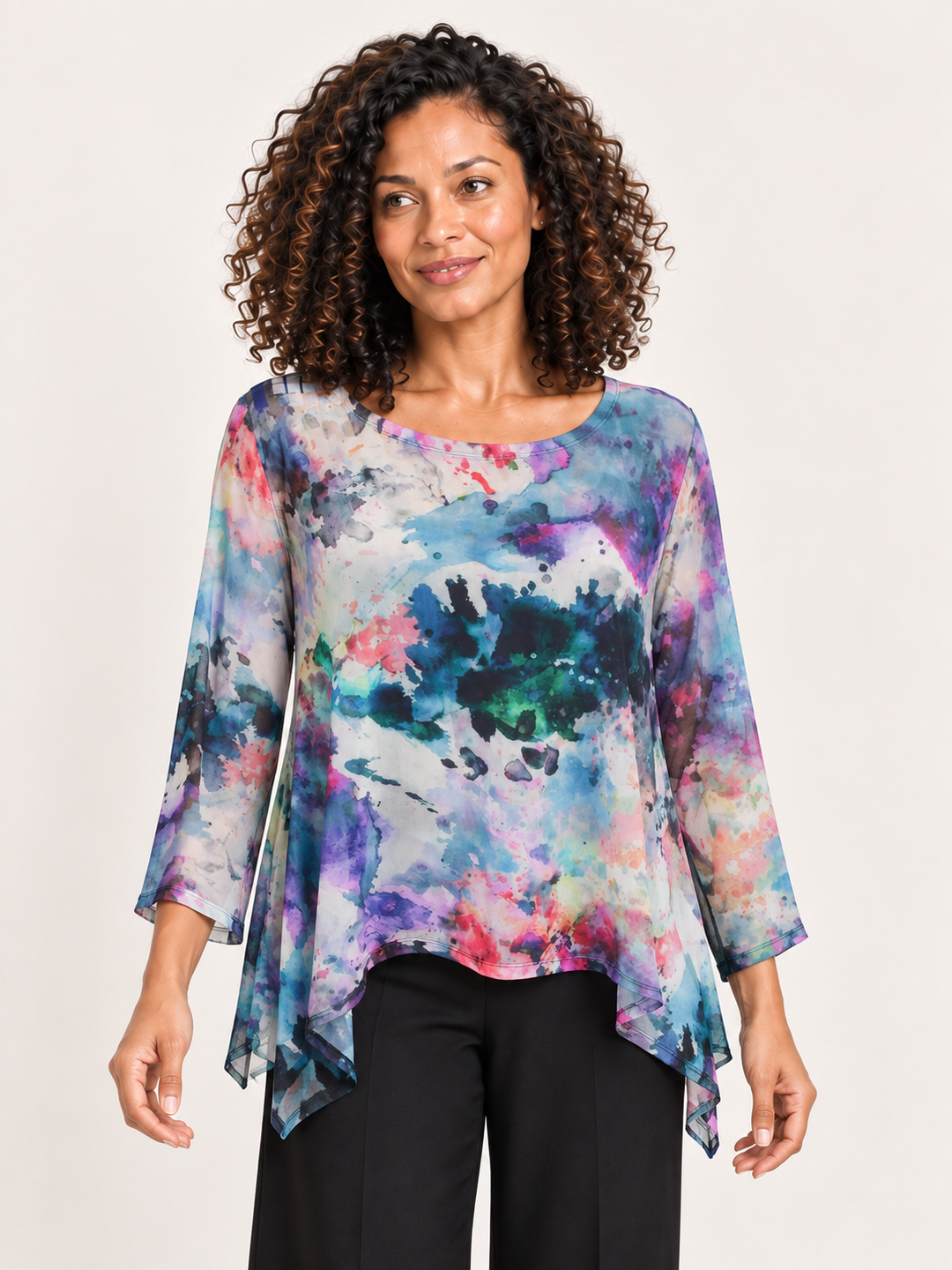 Kozan Mila Topper in Cezanne, teal, violet and pink watercolor print mesh, wide round neck, A line hem
