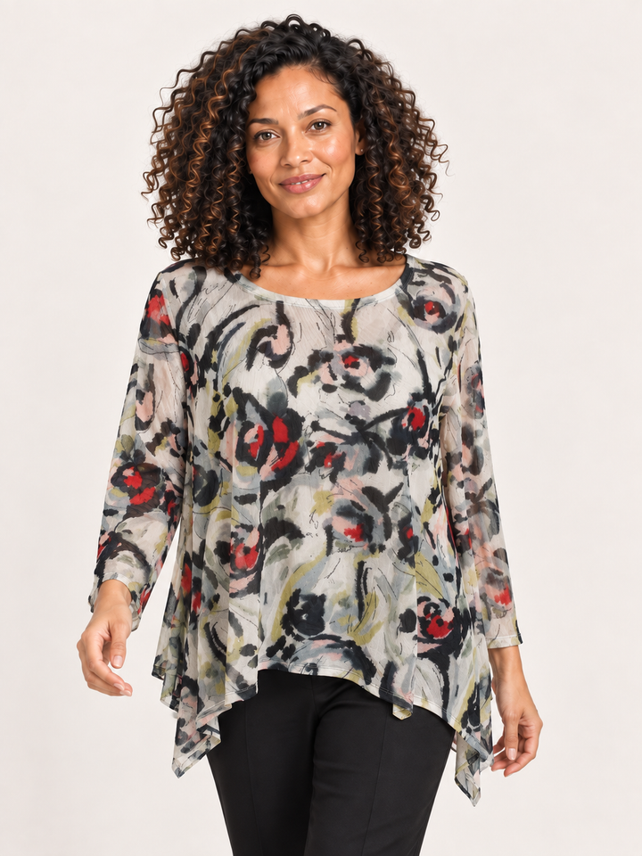 Kozan Mila Topper in Fiore, ivory floral print mesh with black, red and lime, wide round neck, A line hem