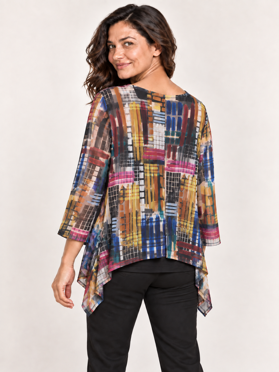Back view, Kozan Mila Topper in Hashtag, cobalt, mustard and magenta grid print mesh