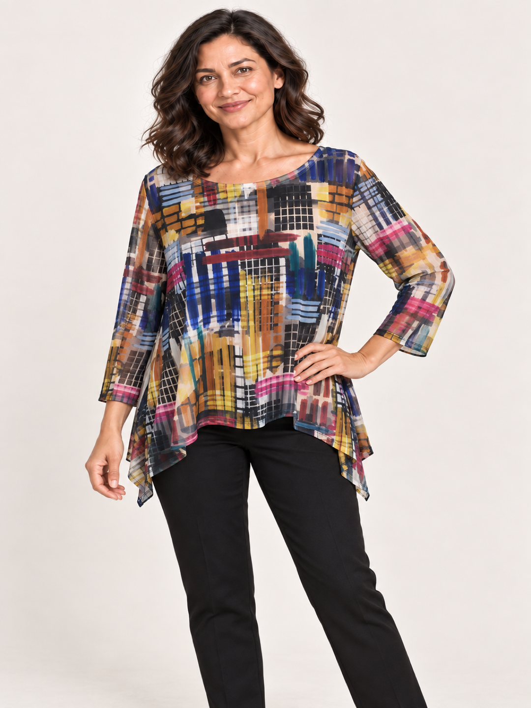 Kozan Mila Topper in Hashtag, cobalt, mustard and magenta grid print mesh, wide round neck, A line hem