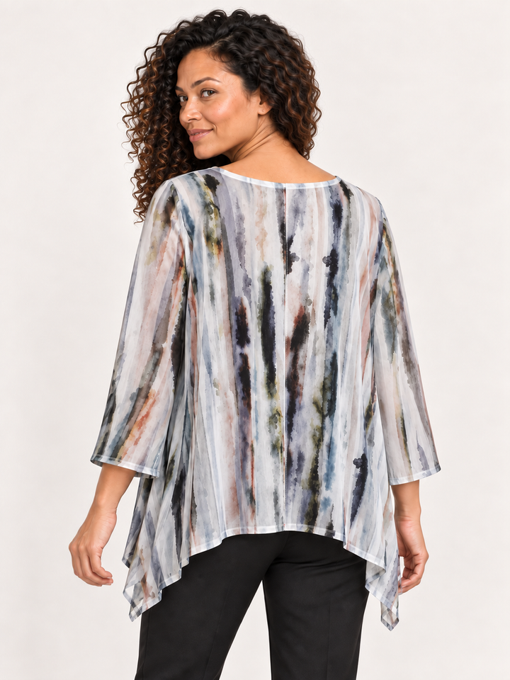 Back view, Kozan Mila Topper in Marble, white print mesh with charcoal and lilac streaks