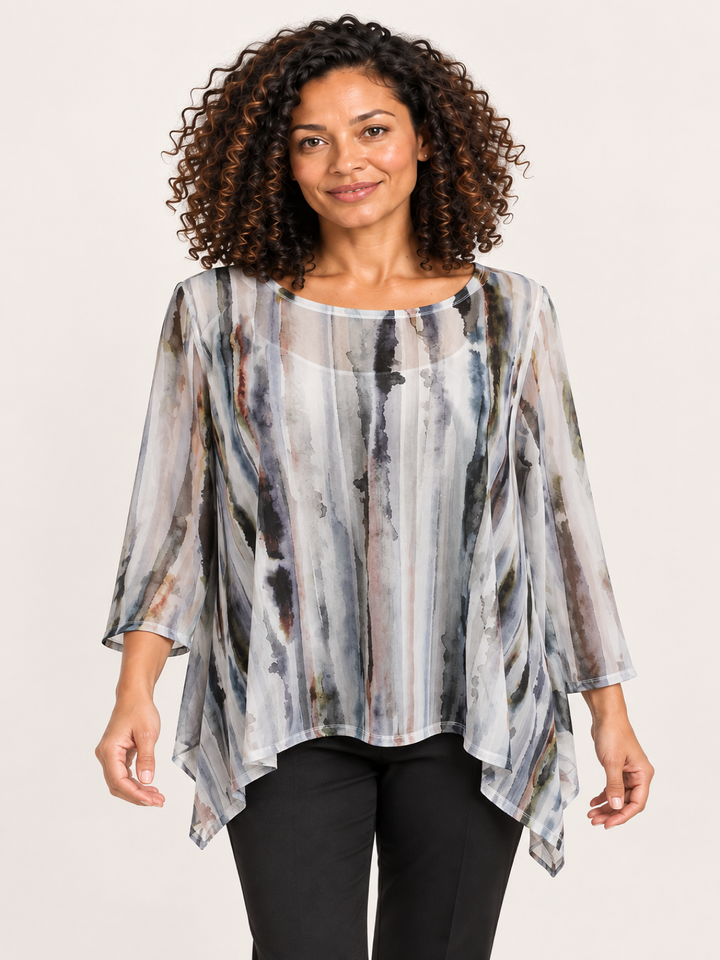 Kozan Mila Topper in Marble, white print mesh with charcoal and lilac streaks, wide round neck, A line hem