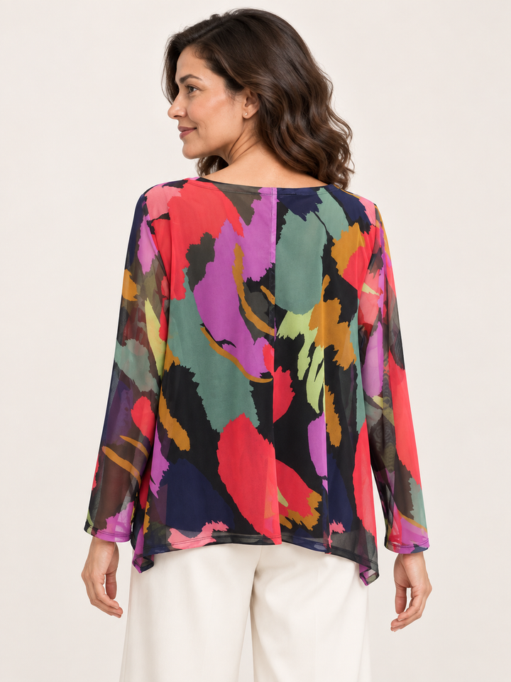 Back view, Kozan Mila Topper in Sakura, coral, magenta and sage abstract print mesh