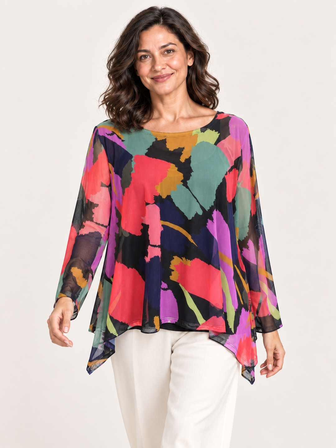 Kozan Mila Topper in Sakura, coral, magenta and sage abstract print mesh, wide round neck, A line hem