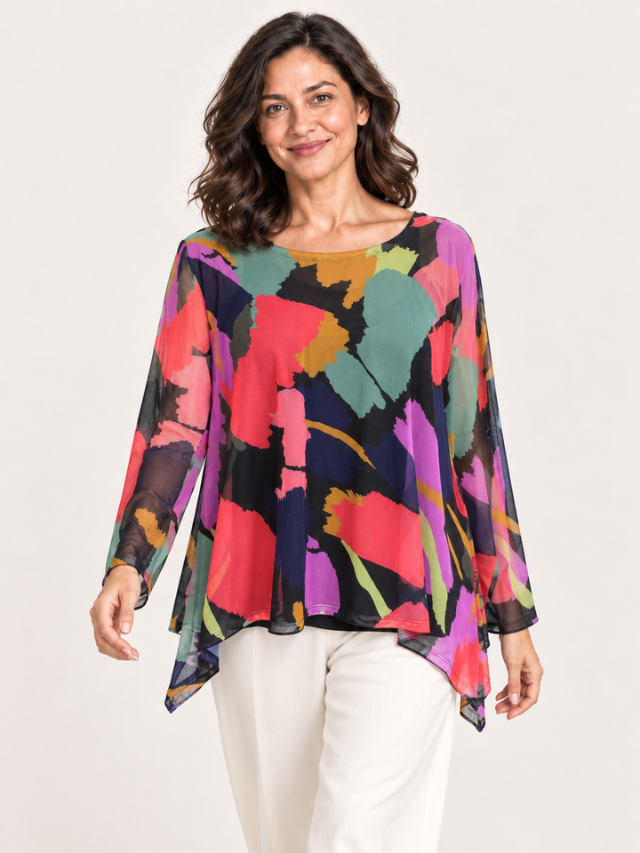 Kozan Mila Topper in Sakura, coral, magenta and sage abstract print mesh, wide round neck, A line hem