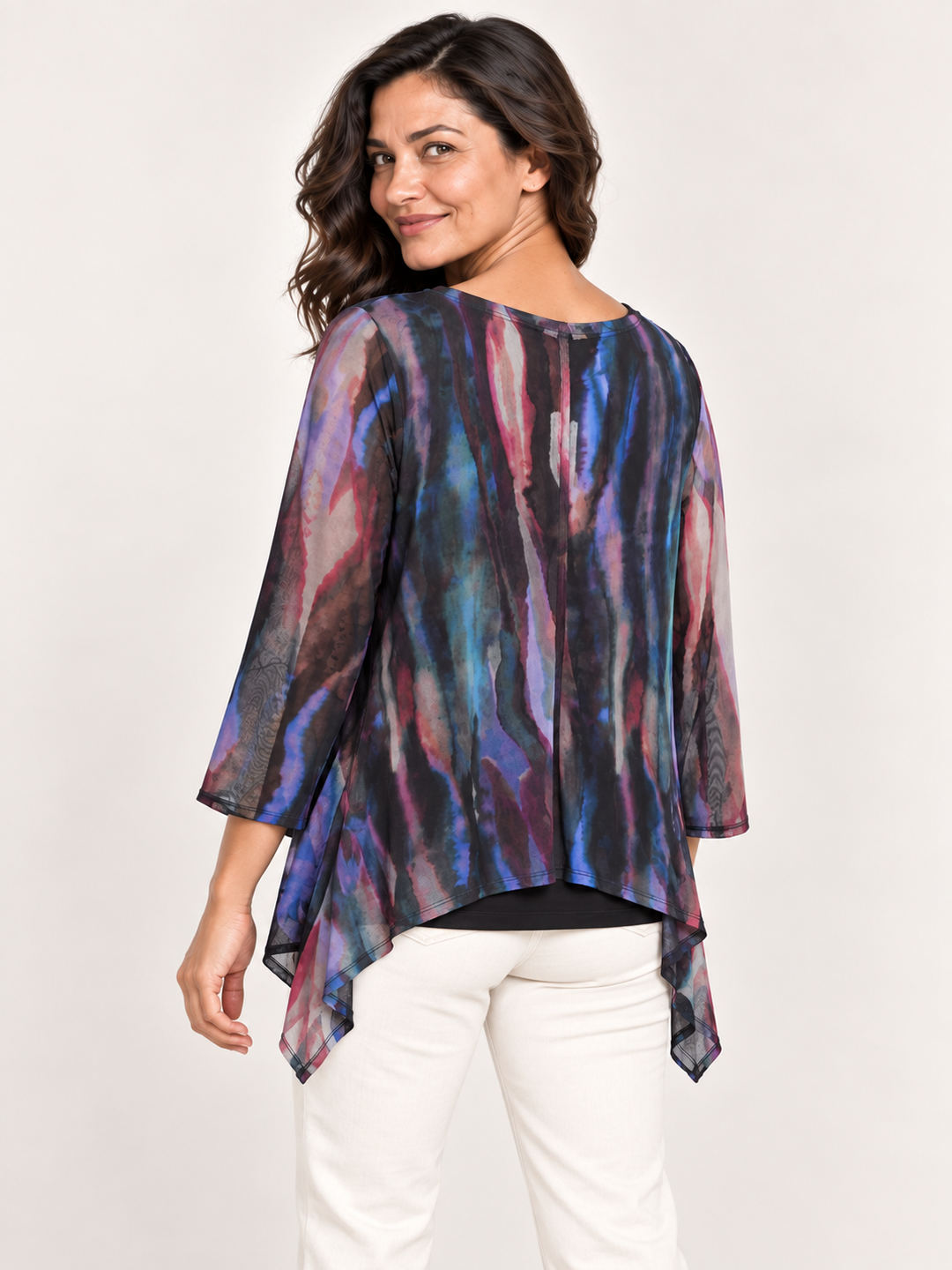 Back view, Kozan Mila Topper in Theros, cobalt, plum and magenta painted streak print mesh