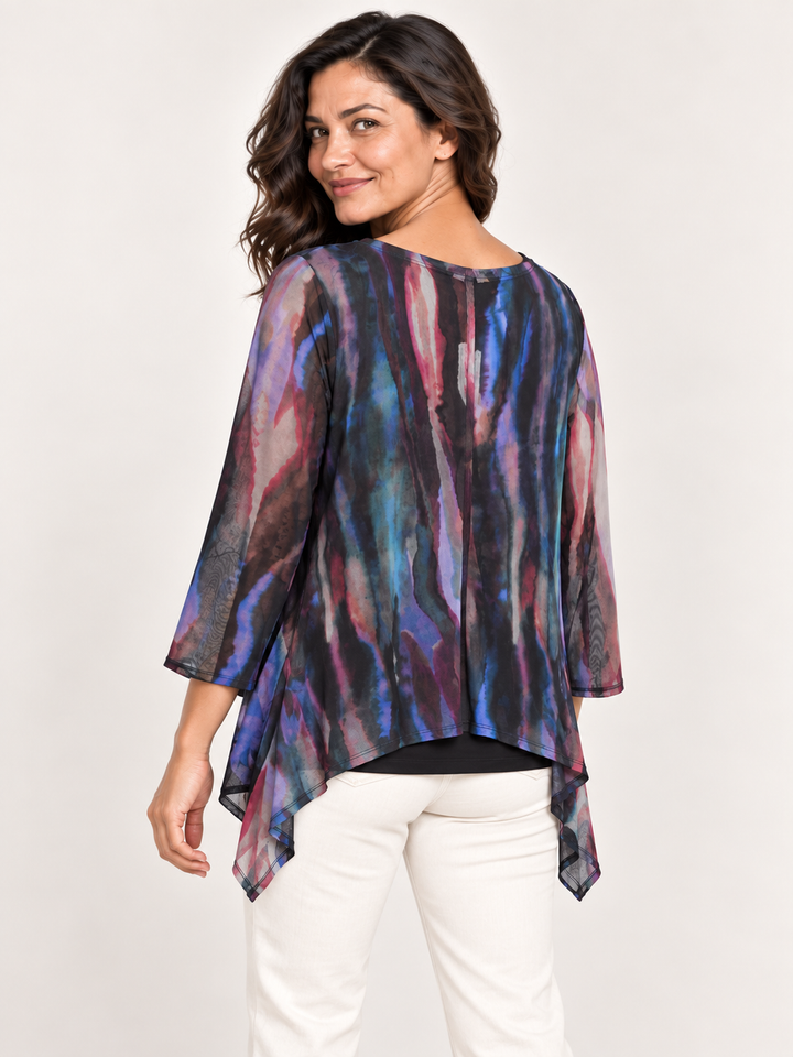Back view, Kozan Mila Topper in Theros, cobalt, plum and magenta painted streak print mesh