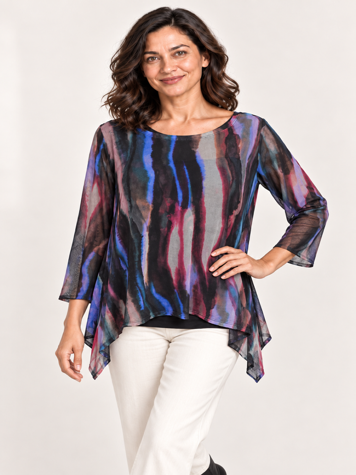 Kozan Mila Topper in Theros, cobalt, plum and magenta painted streak print mesh, wide round neck, A line hem