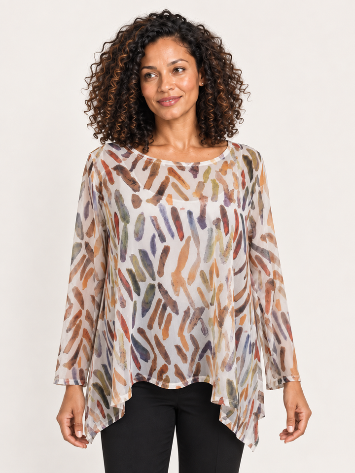 Kozan Mila Topper in Trio, cream mesh with rust, olive and teal brush dashes, wide round neck, A line hem