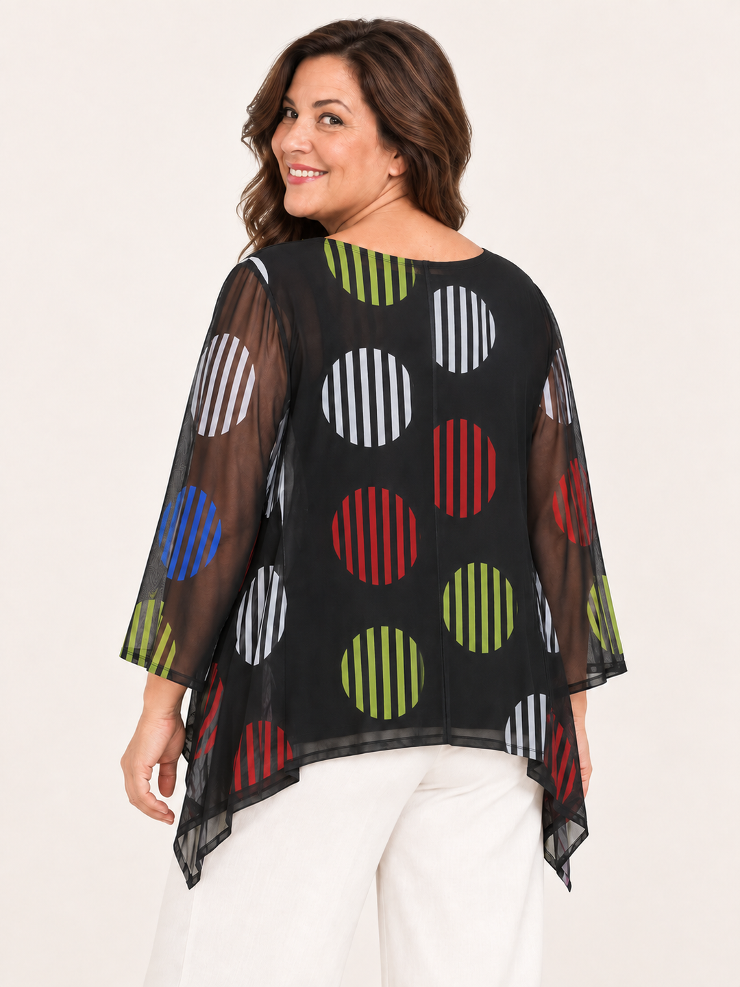 Back view, Kozan Mila Topper in Universe, black mesh with striped circles in white, red, lime and blue