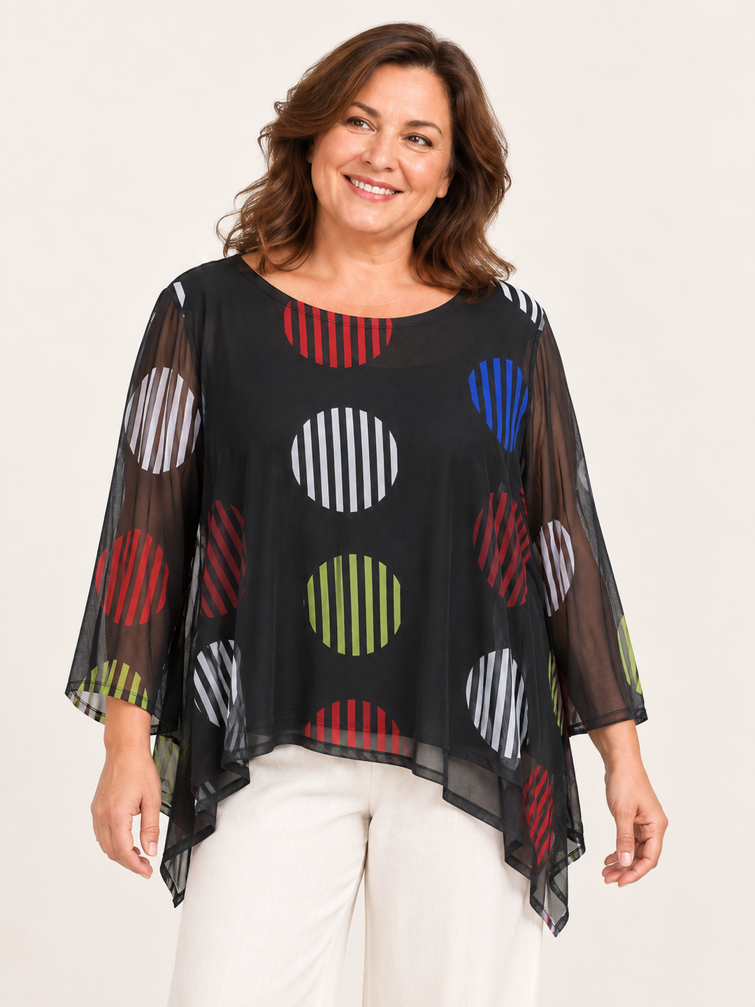 Kozan Mila Topper in Universe, black mesh with striped circles in white, red, lime and blue, wide round neck, A line hem