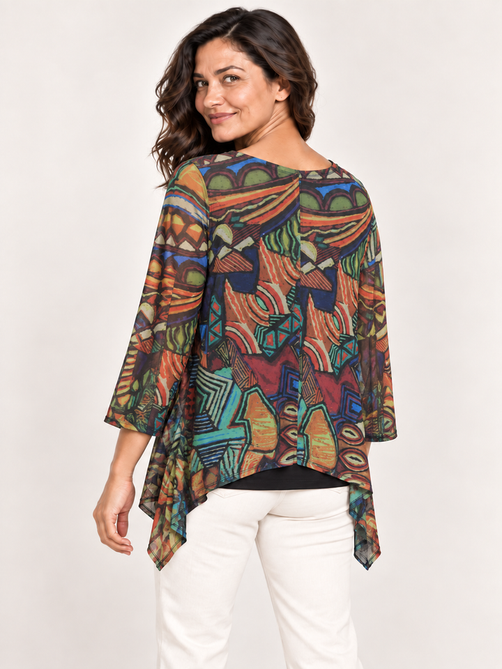 Back view, Kozan Mila Topper in Zola, teal, rust and cobalt graphic print mesh