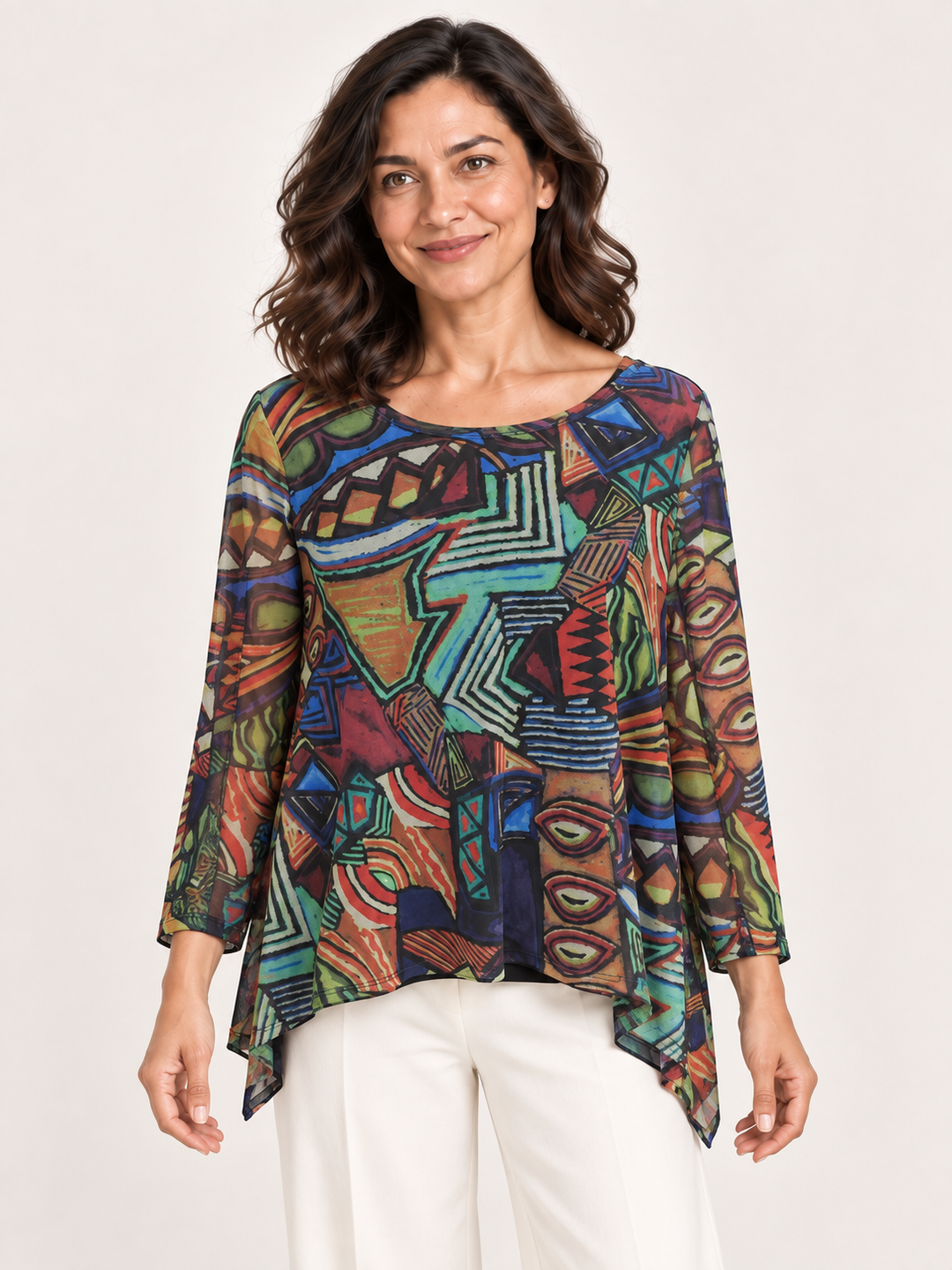 Kozan Mila Topper in Zola, teal, rust and cobalt graphic print mesh, wide round neck, A line hem