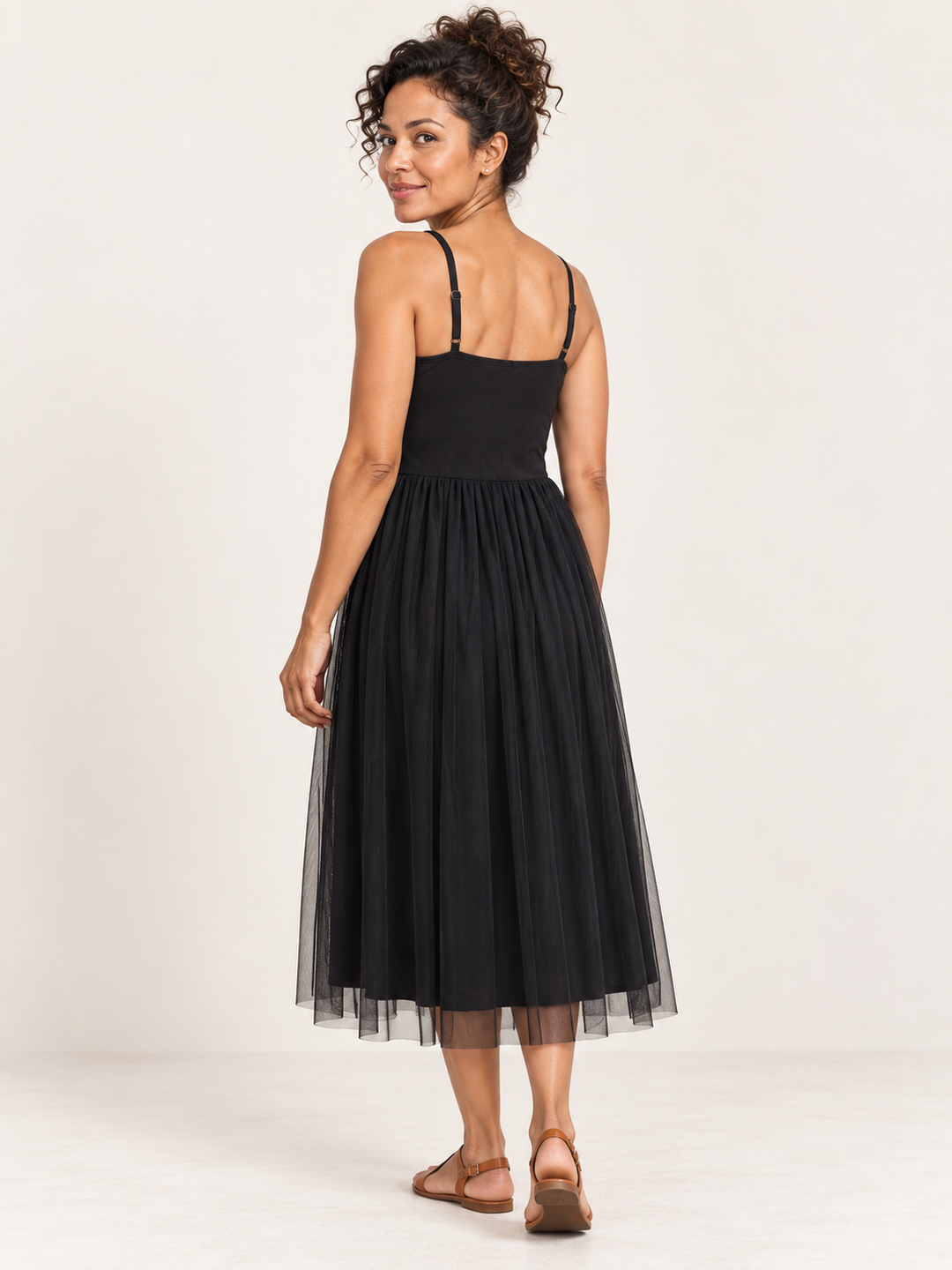 Back view, Kozan Sandy Dress in Black, adjustable straps and gathered tulle skirt