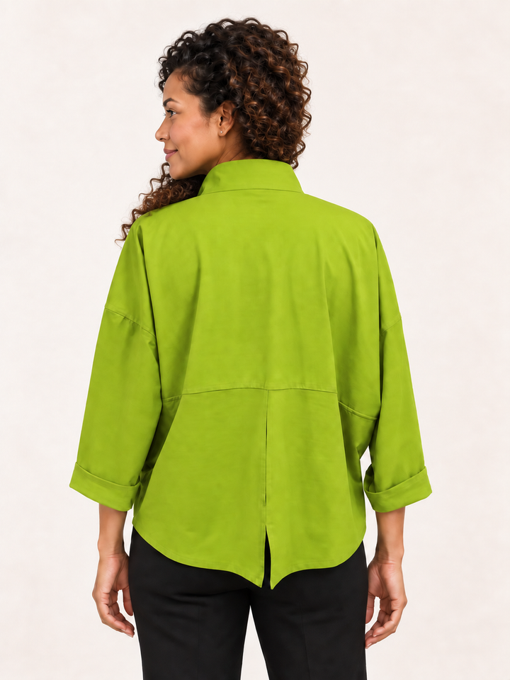 Back view, Kozan Vance Jacket in Chartreuse, yoke seam and center back vent