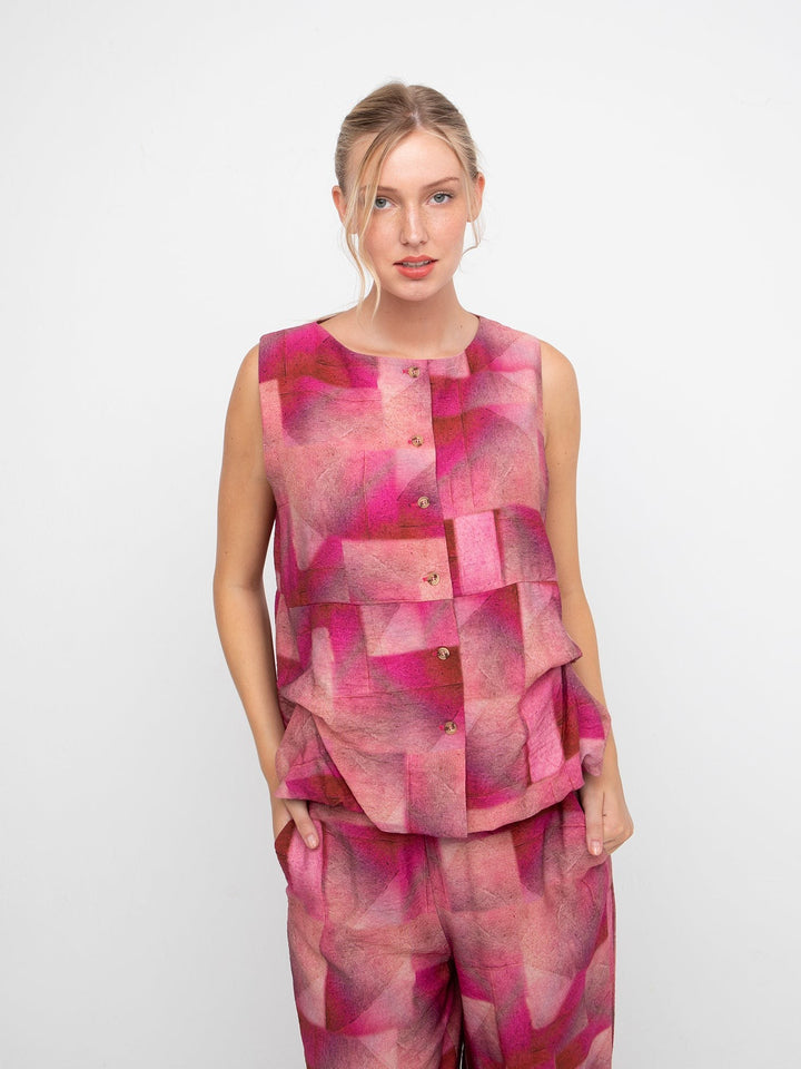 Ozai N Ku Feinos Button Tank in Geo Pink, front view on model